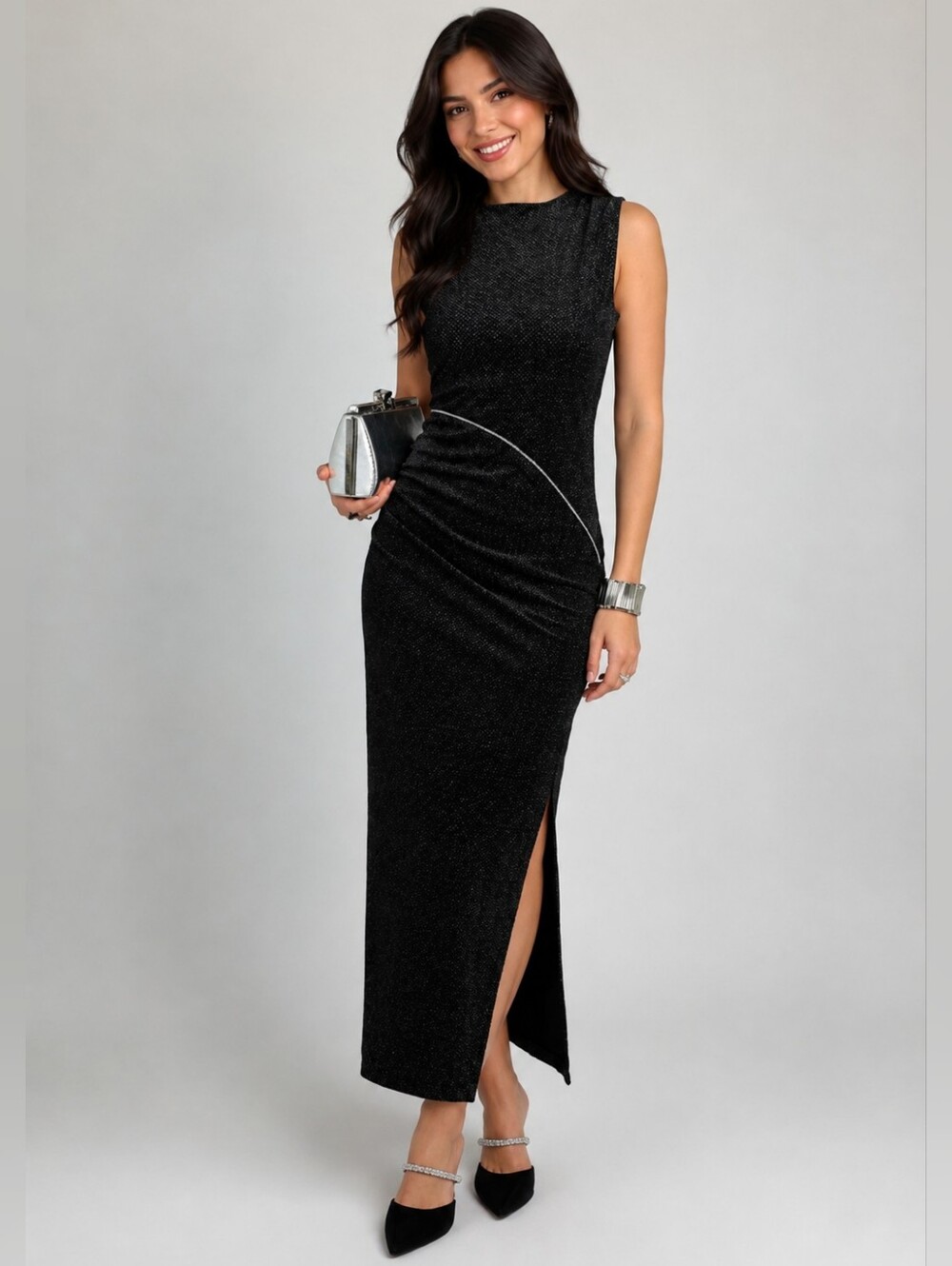 Zara Black Velvet Maxi Dress With Rhinestone And Silver Foil Accents XSmall